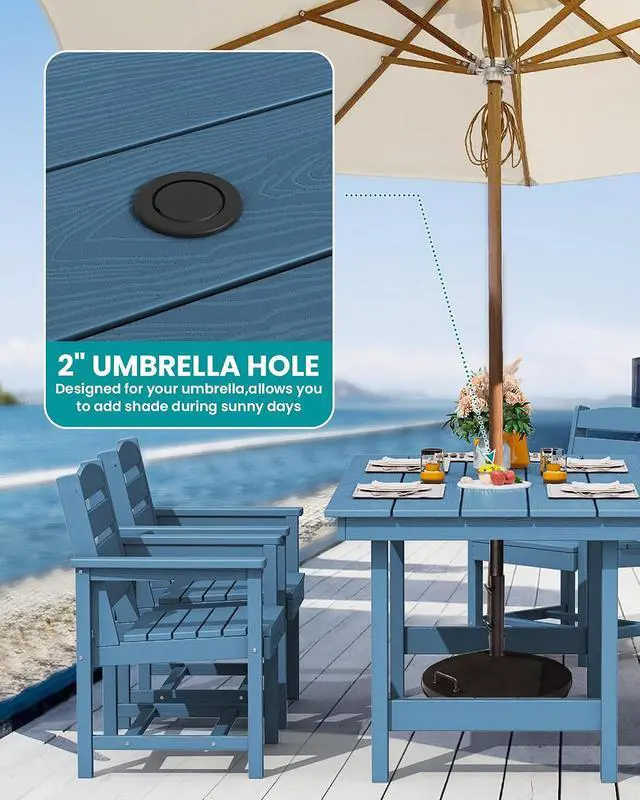 Alt view image 2 of 7 - Patio Table Set, Outdoor HDPE Dining Furniture with Umbrella Hole, All Weather for Lawn, Garden, Backyard, Poolside, Blue | with Umbrella Hole