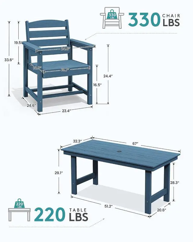Alt view image 6 of 7 - Patio Table Set, Outdoor HDPE Dining Furniture with Umbrella Hole, All Weather for Lawn, Garden, Backyard, Poolside, Blue | with Umbrella Hole