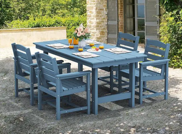 Alt view image 7 of 7 - Patio Table Set, Outdoor HDPE Dining Furniture with Umbrella Hole, All Weather for Lawn, Garden, Backyard, Poolside, Blue | with Umbrella Hole