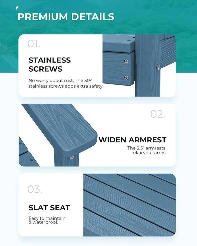 Alt view image 5 of 7 - Patio Table Set, Outdoor HDPE Dining Furniture with Umbrella Hole, All Weather for Lawn, Garden, Backyard, Poolside, Blue | with Umbrella Hole