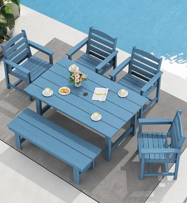 Alt view image 6 of 7 - Outdoor Dining Table, 67" Rectangle HDPE Dining Table for 6, Patio Table for Dining with Umbrella Hole, Blue