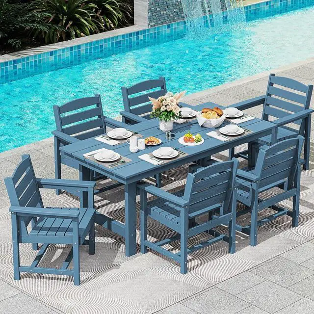 Alt view image 7 of 7 - Outdoor Dining Table, 67" Rectangle HDPE Dining Table for 6, Patio Table for Dining with Umbrella Hole, Blue
