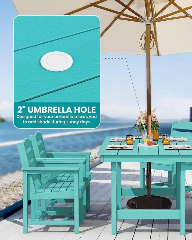 Alt view image 3 of 7 - Outdoor Dining Set for 6, HDPE Dining Furniture Set with Umbrella Hole Cut-Out Table and 1 Dining Bench and 4 Chairs, All Weather Outdoor Dining Bench Sets, Aruba