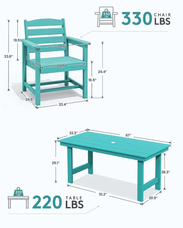 Alt view image 4 of 7 - Outdoor Dining Set for 6, HDPE Dining Furniture Set with Umbrella Hole Cut-Out Table and 1 Dining Bench and 4 Chairs, All Weather Outdoor Dining Bench Sets, Aruba