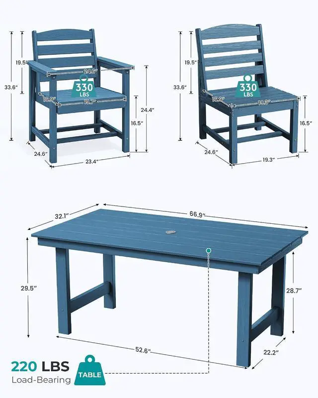 Alt view image 3 of 7 - Patio Dining Sets for 6 Person, HDPE Dining Set with 6 Armless Chairs, Blue