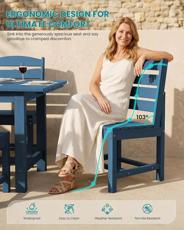 Alt view image 2 of 7 - Patio Dining Sets for 6 Person, HDPE Dining Set with 6 Armless Chairs, Blue