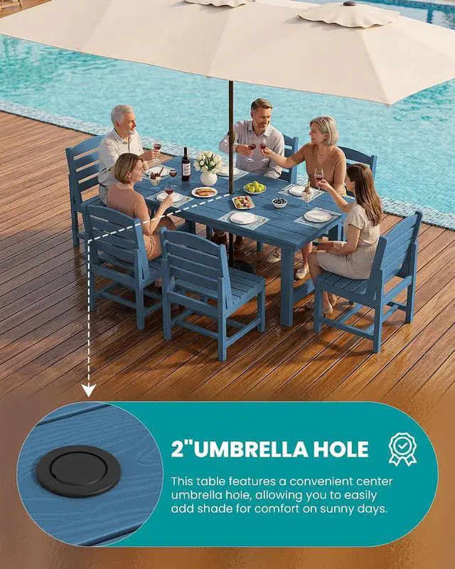 Alt view image 4 of 7 - Patio Dining Sets for 6 Person, HDPE Dining Set with 6 Armless Chairs, Blue
