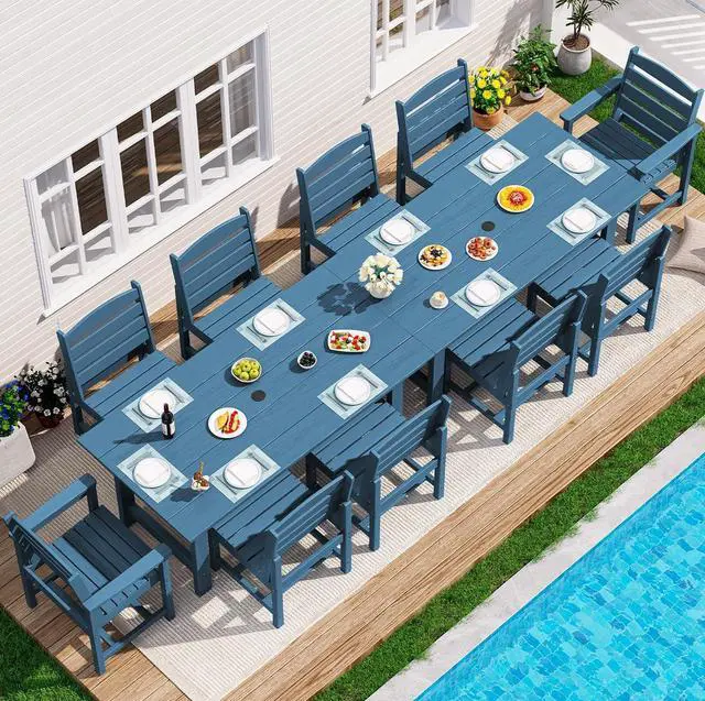 Main image of Patio Dining Sets for 10 Person, HDPE Dining Set with 2 Tables, 8 Armless Chairs and 2 Armed Dining Chairs, Blue