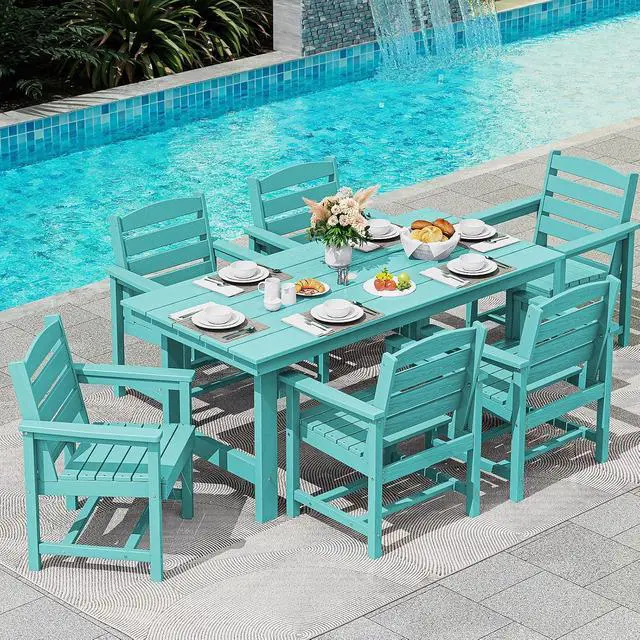 Alt view image 7 of 7 - 7-Piece Patio Table Set, Outdoor HDPE Dining Furniture with Umbrella Hole, All Weather Table and Chairs for Lawn, Garden, Poolside, Aruba