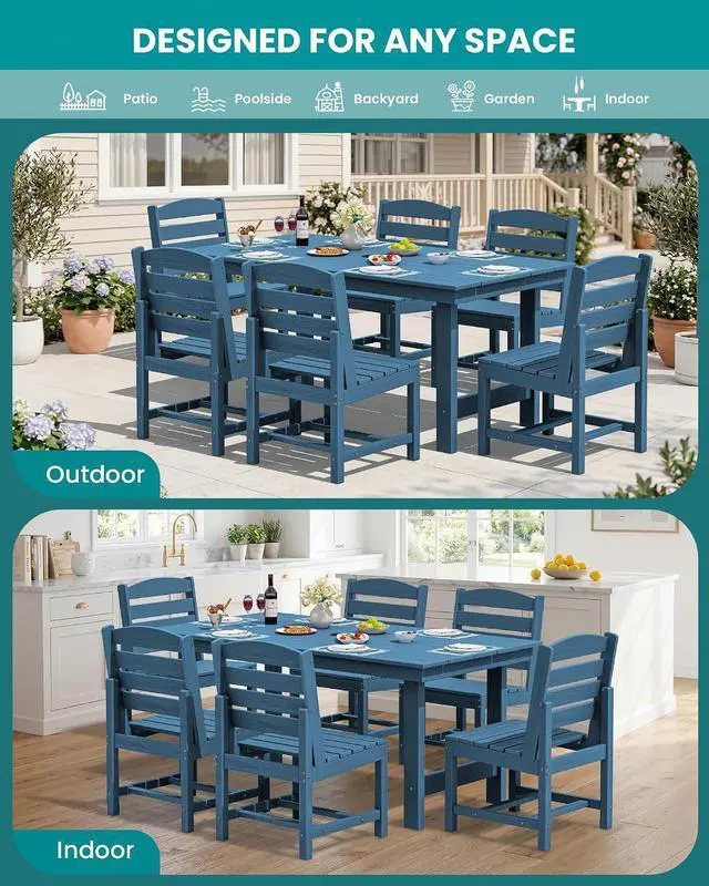 Alt view image 7 of 7 - Patio Dining Sets for 6 Person, HDPE Dining Set with 6 Armless Chairs, Blue