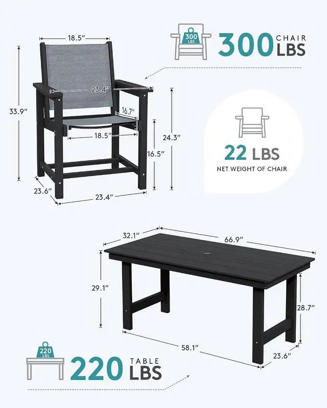 Alt view image 3 of 7 - 5 Piece Outdoor Dining Table Sets for 4 with 1 Umbrella Hole Cut-Out Rectangular Table and 4 Textilene Chairs, HDPE Dining Table Sets for Garden, Backyard, Poolside, Black