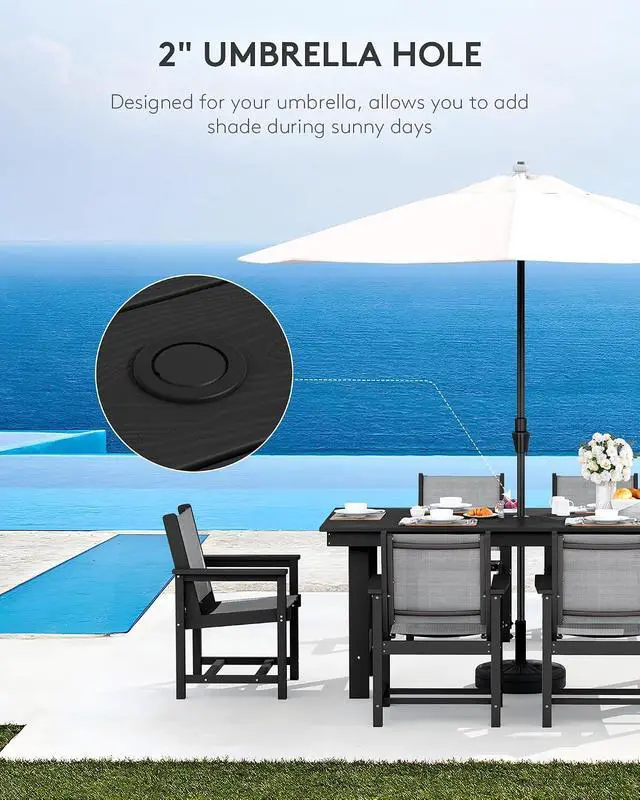 Alt view image 2 of 7 - 5 Piece Outdoor Dining Table Sets for 4 with 1 Umbrella Hole Cut-Out Rectangular Table and 4 Textilene Chairs, HDPE Dining Table Sets for Garden, Backyard, Poolside, Black