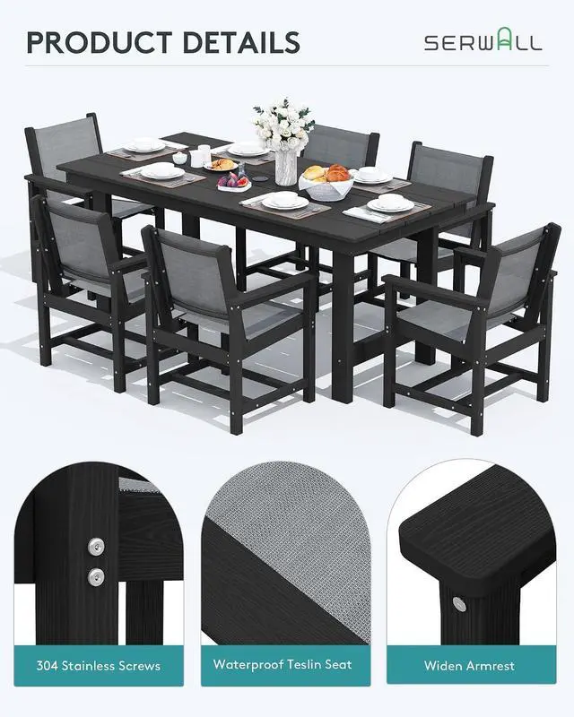 Alt view image 5 of 7 - 5 Piece Outdoor Dining Table Sets for 4 with 1 Umbrella Hole Cut-Out Rectangular Table and 4 Textilene Chairs, HDPE Dining Table Sets for Garden, Backyard, Poolside, Black