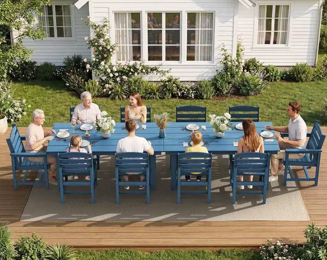 Alt view image 7 of 7 - Patio Dining Sets for 10 Person, HDPE Dining Set with 2 Tables, 8 Armless Chairs and 2 Armed Dining Chairs, Blue