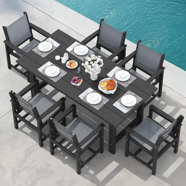 Main image of Patio Dining Sets for 6, Outdoor HDPE Dining Set with Umbrella Hole Cut-Out Table and 6 Woven Chairs, Black