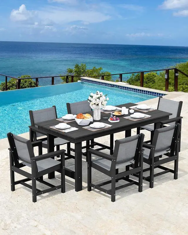 Alt view image 6 of 7 - 5 Piece Outdoor Dining Table Sets for 4 with 1 Umbrella Hole Cut-Out Rectangular Table and 4 Textilene Chairs, HDPE Dining Table Sets for Garden, Backyard, Poolside, Black