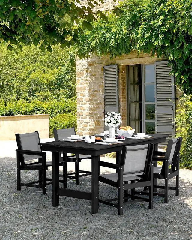 Alt view image 6 of 7 - Patio Dining Sets for 6, Outdoor HDPE Dining Set with Umbrella Hole Cut-Out Table and 6 Woven Chairs, Black