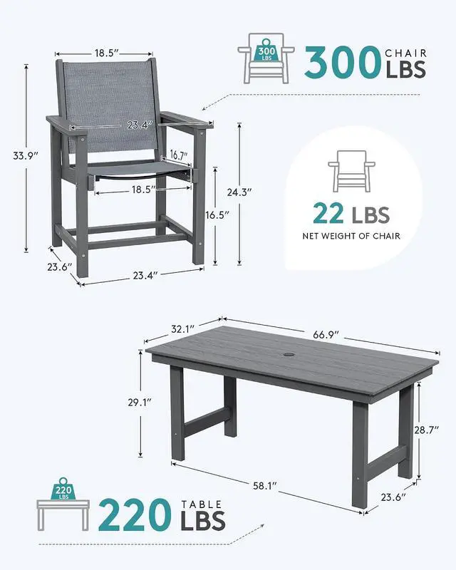 Alt view image 2 of 7 - Patio Dining Sets for 6, Outdoor HDPE Dining Set with Umbrella Hole Cut-Out Table and 6 Woven Chairs, Gray
