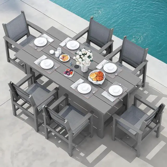 Main image of Patio Dining Sets for 6, Outdoor HDPE Dining Set with Umbrella Hole Cut-Out Table and 6 Woven Chairs, Gray