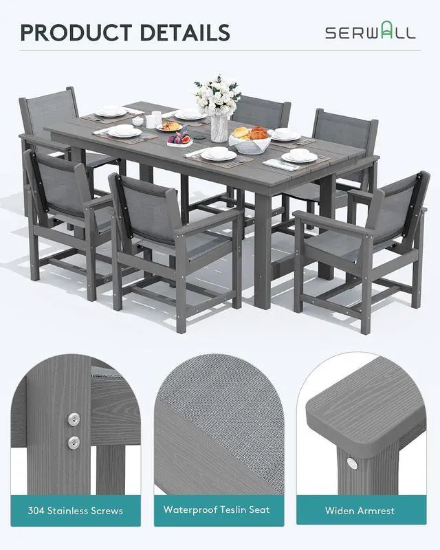 Alt view image 5 of 7 - Patio Dining Sets for 6, Outdoor HDPE Dining Set with Umbrella Hole Cut-Out Table and 6 Woven Chairs, Gray
