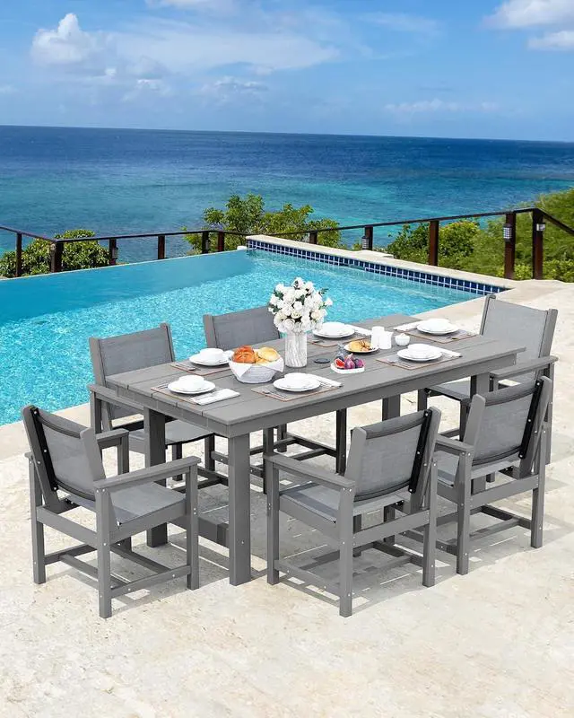 Alt view image 7 of 7 - Patio Dining Sets for 6, Outdoor HDPE Dining Set with Umbrella Hole Cut-Out Table and 6 Woven Chairs, Gray