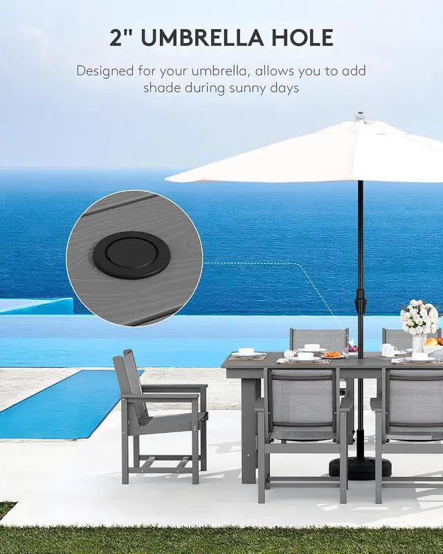 Alt view image 4 of 7 - Patio Dining Sets for 6, Outdoor HDPE Dining Set with Umbrella Hole Cut-Out Table and 6 Woven Chairs, Gray