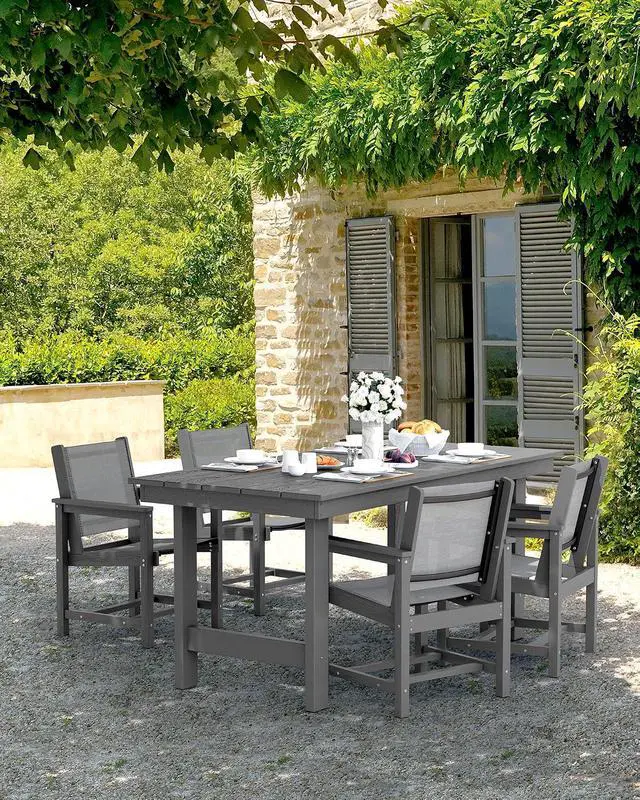 Alt view image 6 of 7 - Patio Dining Sets for 6, Outdoor HDPE Dining Set with Umbrella Hole Cut-Out Table and 6 Woven Chairs, Gray
