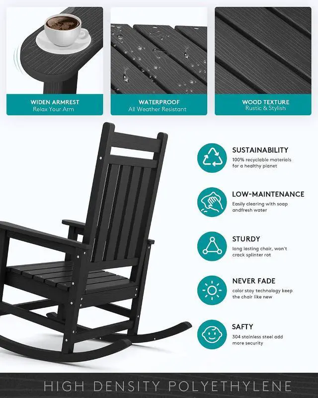 Alt view image 4 of 7 - Outdoor Rocking Chair Set of 2, HDPE Rocking Chairs for Adult, Black