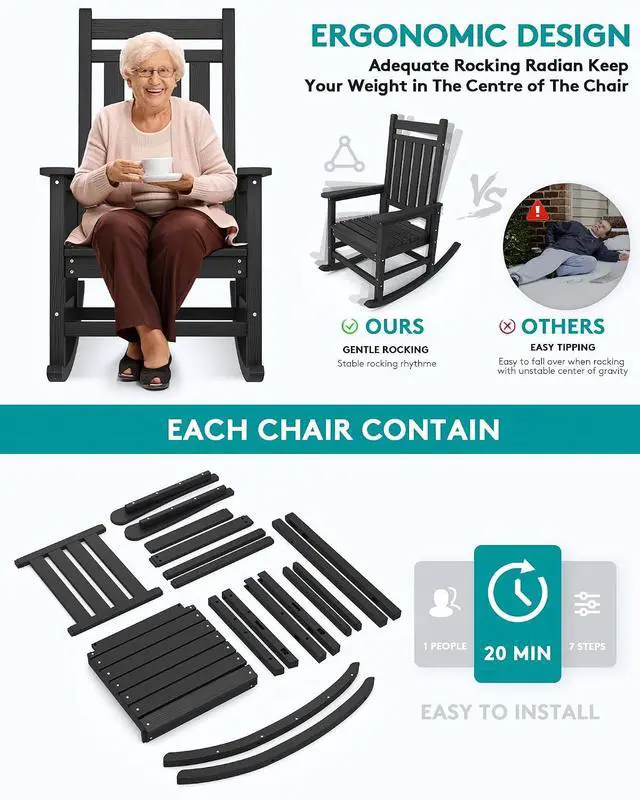 Alt view image 6 of 7 - Outdoor Rocking Chair Set of 2, HDPE Rocking Chairs for Adult, Black