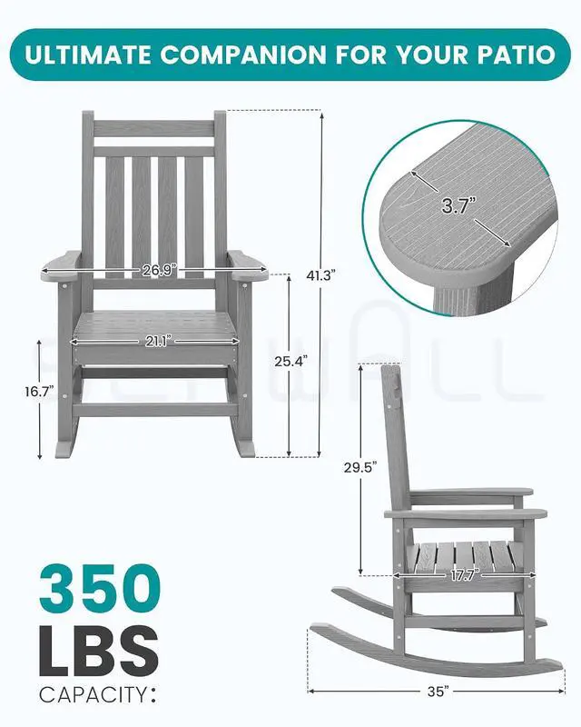 Alt view image 3 of 7 - Oversized Outdoor Rocking Chair Set of 2, HDPE Rocker for Adults, Patio Rocking Chairs for Porch, Sliver Gray