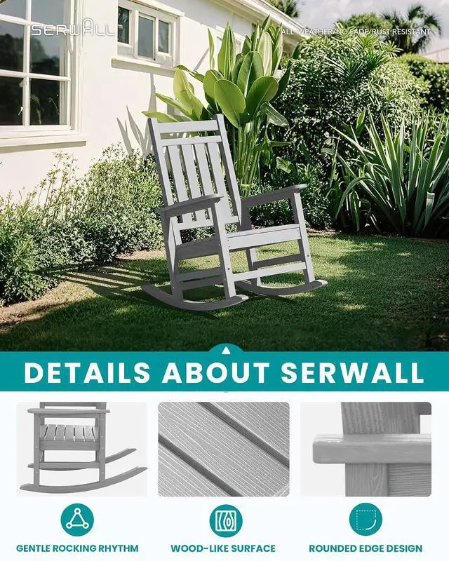 Alt view image 4 of 7 - Oversized Outdoor Rocking Chair Set of 2, HDPE Rocker for Adults, Patio Rocking Chairs for Porch, Sliver Gray