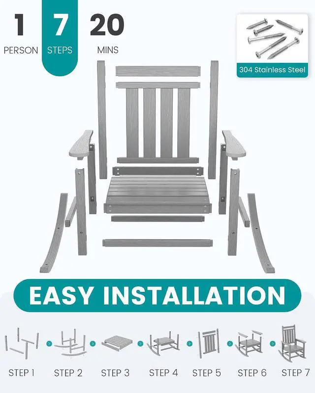 Alt view image 7 of 7 - Oversized Outdoor Rocking Chair Set of 2, HDPE Rocker for Adults, Patio Rocking Chairs for Porch, Sliver Gray