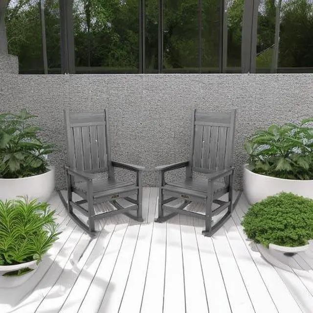 Alt view image 2 of 7 - Outdoor Rocking Chair Set of 2, HDPE Rocking Chairs for Adult, All Weather Porch Rockers for Lawn Garden, Grey