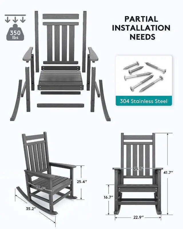 Alt view image 2 of 7 - Oversized Rocking Chair, Outdoor Rocking Chair for Adults, All Weather Resistant Porch Rocker for Lawn Garden, Grey
