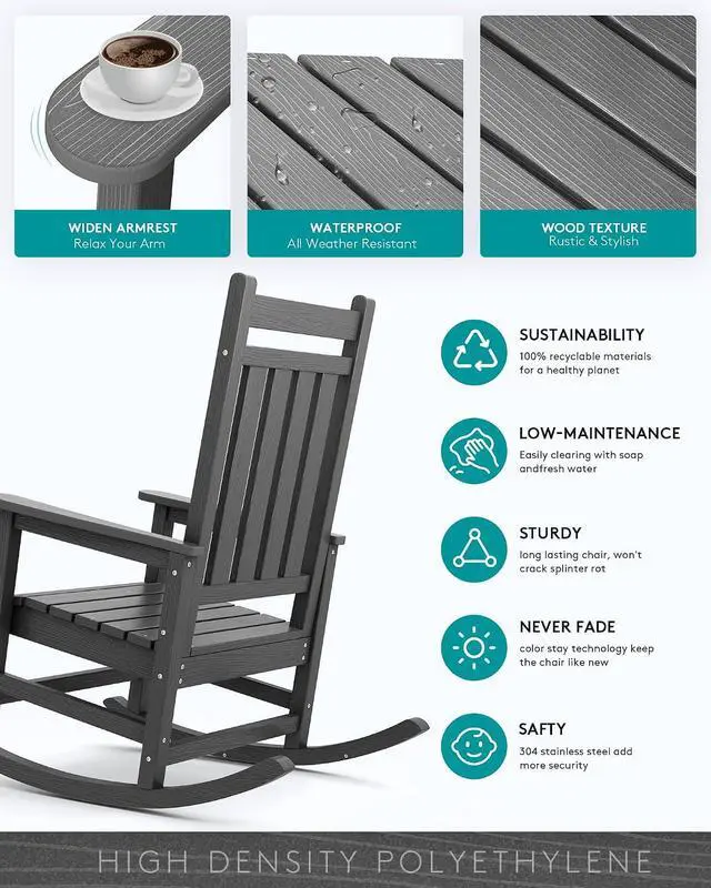 Alt view image 3 of 7 - Oversized Rocking Chair, Outdoor Rocking Chair for Adults, All Weather Resistant Porch Rocker for Lawn Garden, Grey