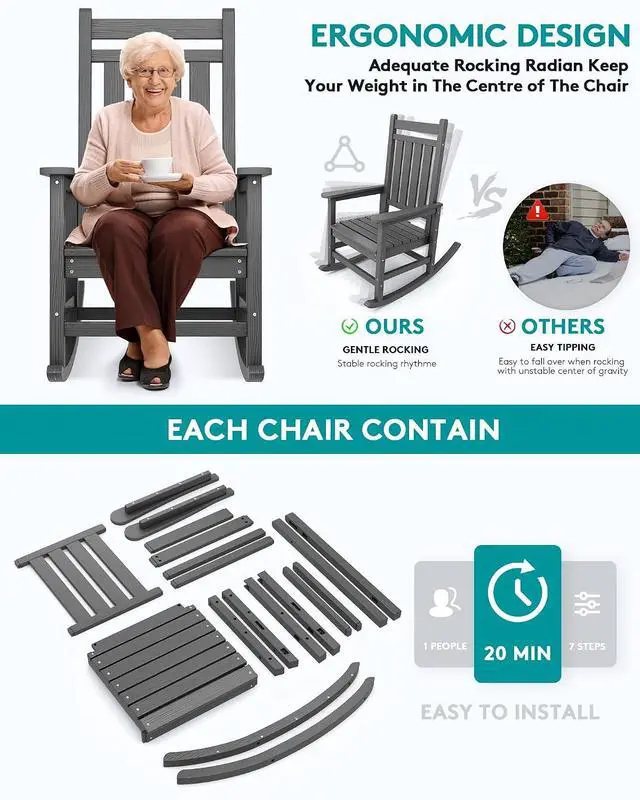 Alt view image 4 of 7 - Oversized Rocking Chair, Outdoor Rocking Chair for Adults, All Weather Resistant Porch Rocker for Lawn Garden, Grey