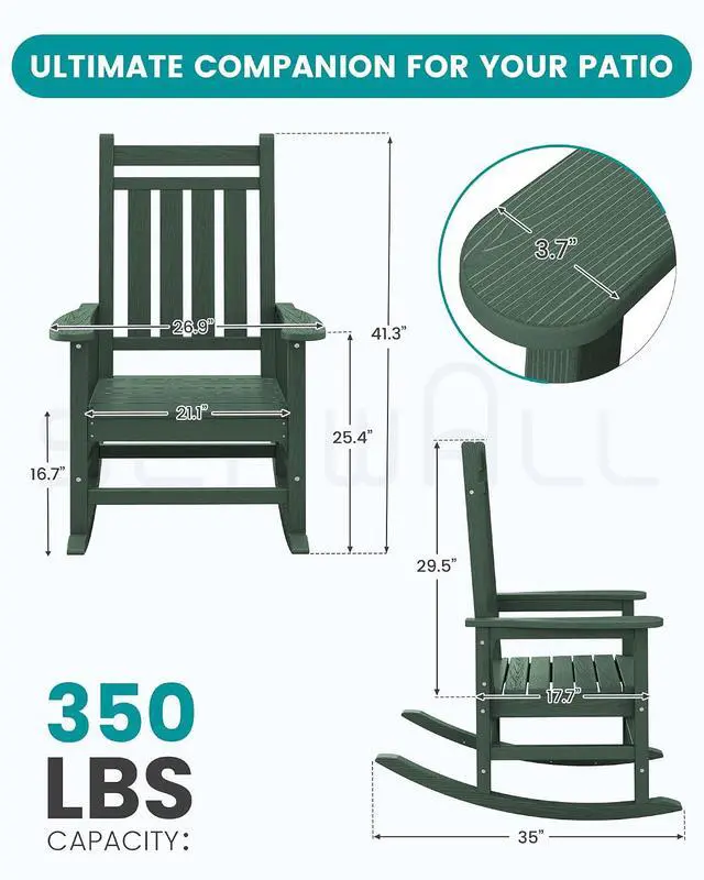Alt view image 3 of 7 - Oversized Outdoor Rocking Chair Set of 2, HDPE Rocker for Adults, Patio Rocking Chairs for Porch, Green