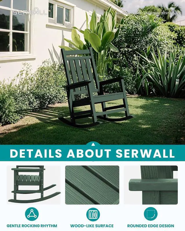 Alt view image 4 of 7 - Oversized Outdoor Rocking Chair Set of 2, HDPE Rocker for Adults, Patio Rocking Chairs for Porch, Green
