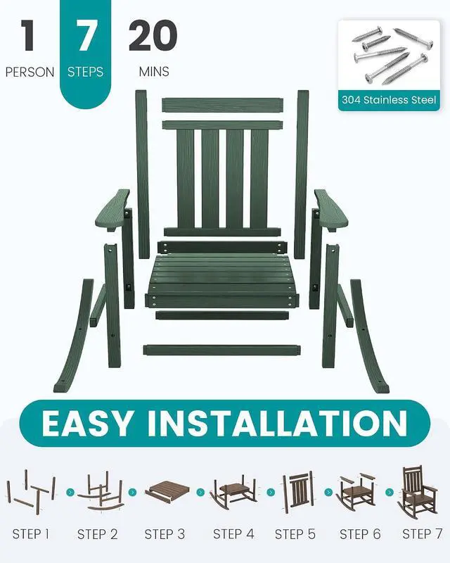Alt view image 7 of 7 - Oversized Outdoor Rocking Chair Set of 2, HDPE Rocker for Adults, Patio Rocking Chairs for Porch, Green