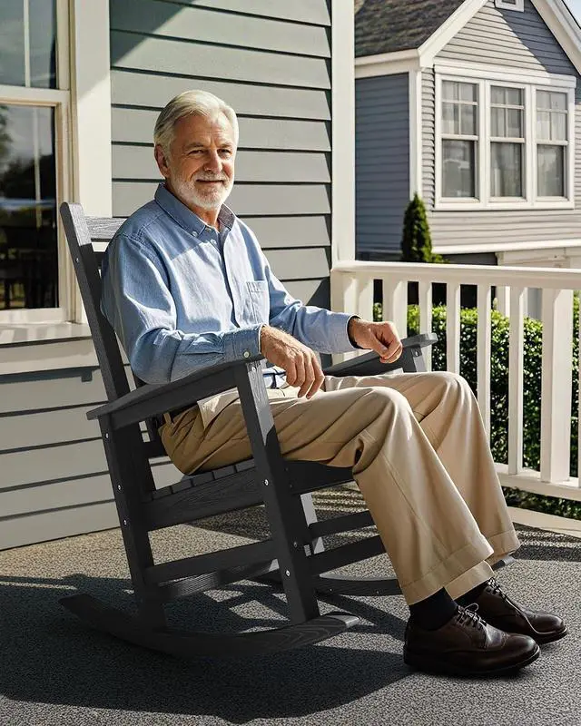 Alt view image 2 of 7 - Outdoor Rocking Chair, HDPE Rocking Chair for Adults, All Weather Porch Rocker for Lawn Garden, Unique Color Matching Each Chair Varies, Multi-Tone Grey