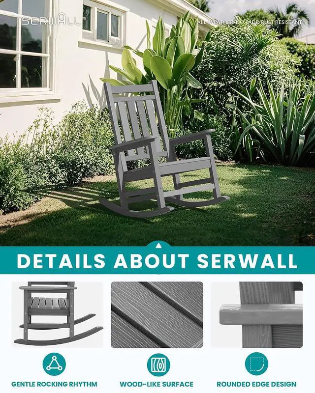Alt view image 5 of 7 - Outdoor Rocking Chair, HDPE Rocking Chair for Adults, All Weather Porch Rocker for Lawn Garden, Unique Color Matching Each Chair Varies, Multi-Tone Grey