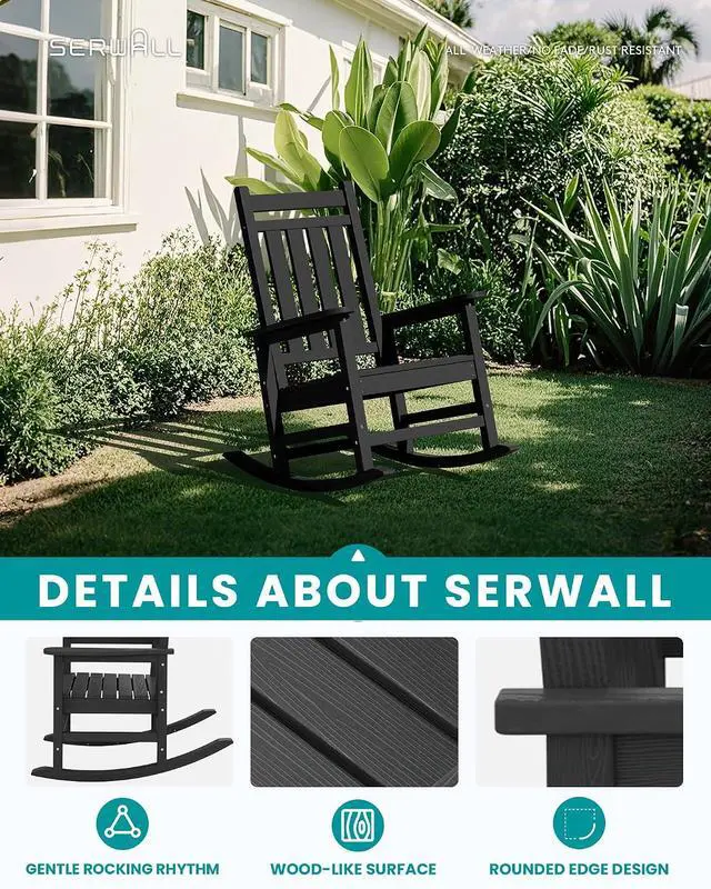 Alt view image 4 of 7 - Oversized Outdoor Rocking Chair Set of 4, HDPE Rocker for Adults, Patio Rocking Chairs for Porch, Black