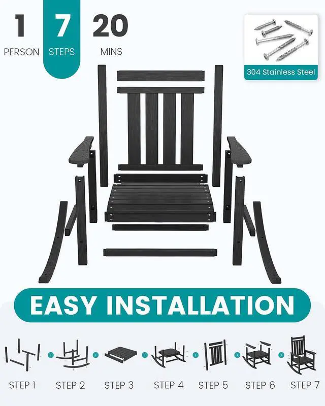 Alt view image 7 of 7 - Outdoor Rocking Chair Set of 2, HDPE Rocking Chairs for Adult, Black
