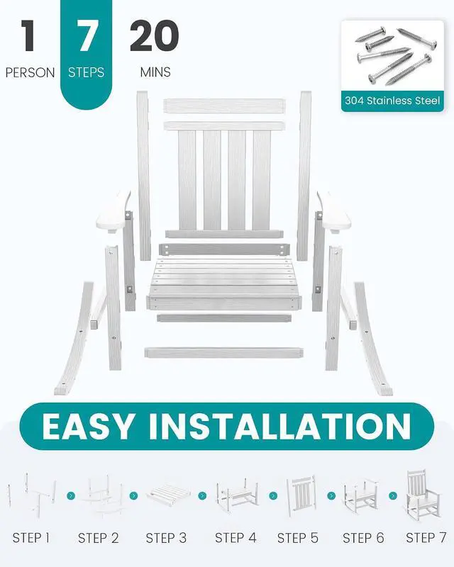 Alt view image 7 of 7 - Oversized Outdoor Rocking Chair Set of 4, HDPE Rocker for Adults, Patio Rocking Chairs for Porch, White