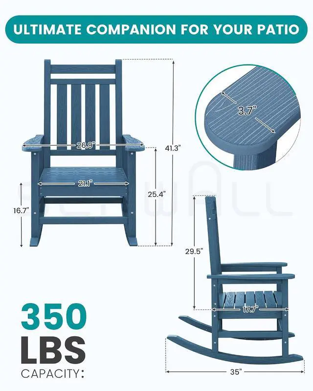 Alt view image 3 of 7 - Oversized Outdoor Rocking Chair Set of 2, HDPE Rocker for Adults, Patio Rocking Chairs for Porch, Blue
