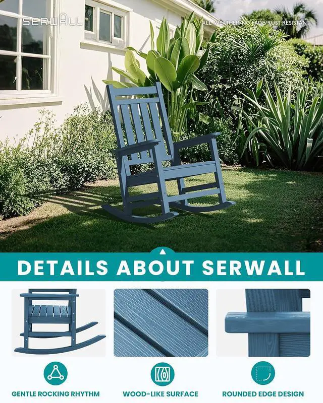 Alt view image 4 of 7 - Oversized Outdoor Rocking Chair Set of 2, HDPE Rocker for Adults, Patio Rocking Chairs for Porch, Blue