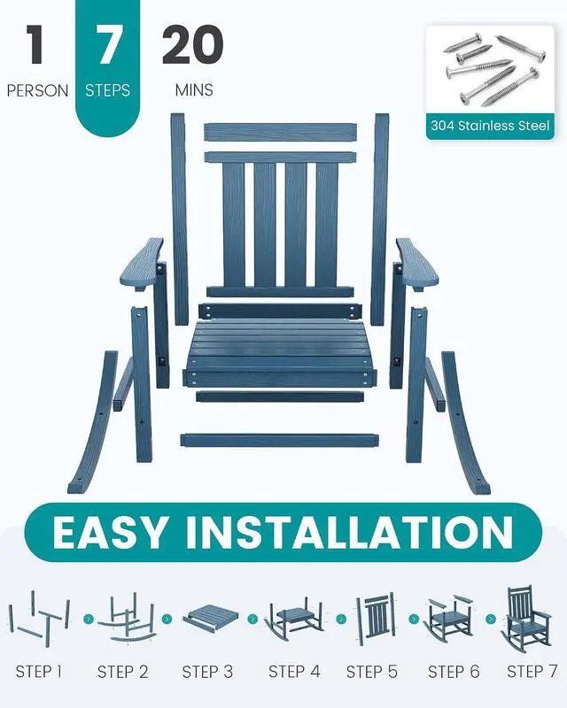 Alt view image 6 of 7 - Oversized Outdoor Rocking Chair Set of 2, HDPE Rocker for Adults, Patio Rocking Chairs for Porch, Blue