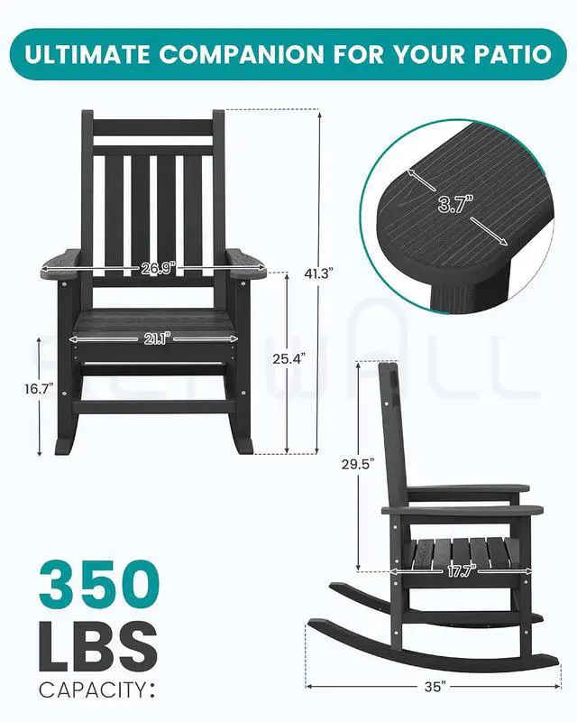 Alt view image 3 of 7 - Outdoor Rocking Chair Set of 4, HDPE Rocking Chair for Adults, All Weather Porch Rocker for Lawn Garden, Unique Color Matching Each Chair Varies, Multi-Tone Black