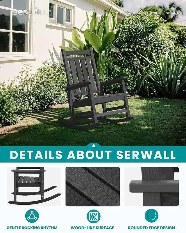 Alt view image 5 of 7 - Outdoor Rocking Chair Set of 4, HDPE Rocking Chair for Adults, All Weather Porch Rocker for Lawn Garden, Unique Color Matching Each Chair Varies, Multi-Tone Black