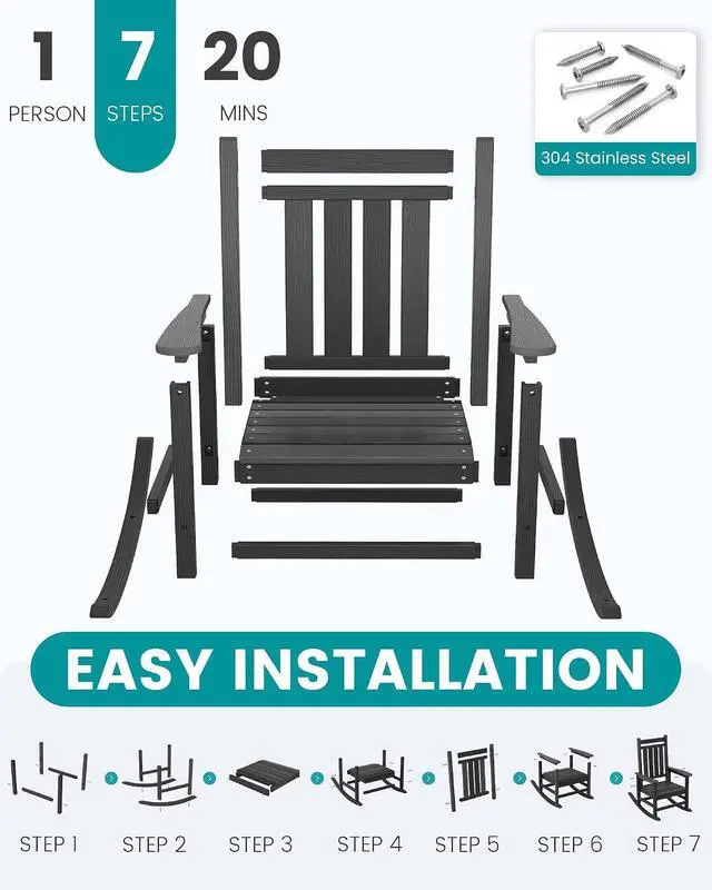 Alt view image 7 of 7 - Outdoor Rocking Chair Set of 4, HDPE Rocking Chair for Adults, All Weather Porch Rocker for Lawn Garden, Unique Color Matching Each Chair Varies, Multi-Tone Black